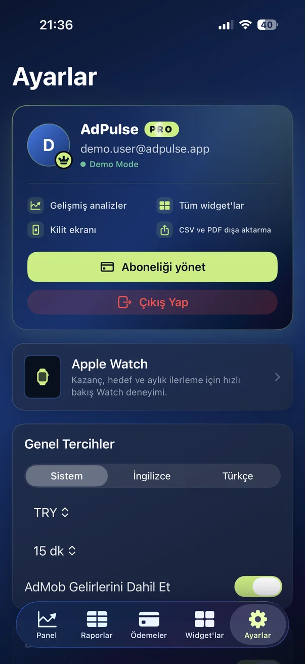AdPulse ayarlar ekranı
